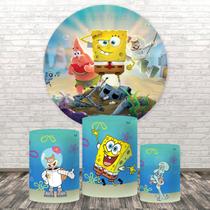 Kit Trio de Capas Cilindro + Painel Tema Bob Esponja Veste Fácil 3d Sublimado C/elástico Festa Aniversario