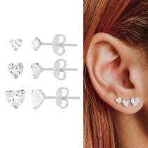 Kit trio de prata brinco de coração com zircônias Prata legítima 925 ponto luz
