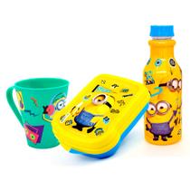 Kit Trio Escolar Infantil Garrafinha 500ml Retrô, Caneca 360ml e Sanduicheira Plasútil