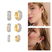 Kit Trio Feminino Brinco Dourado para 3 Furos Argolas com Pedras Cravejadas Banhada a Ouro 18k Banho Antialérgico Marca Andréia Branco Acessórios