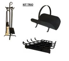 KIT TRIO p/ LAREIRA Cesto p/ lenha + Grelha Pequena+ Ferramentas