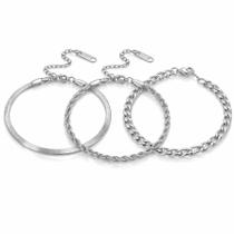 Kit Trio Pulseiras Em Aço Inox - Não Fica Preto Moda Grossa