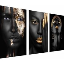 Kit Trio Quadros Decorativos Mulheres Negras Preto e Dourado 30x45cm para Parede Salão de Beleza Fashion