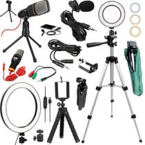 Kit Tripé 1,20m Iluminador Led 16cm Microfone Profissional + Acessórios Filmagem Celular