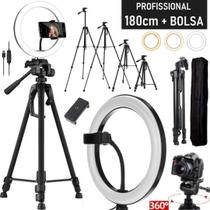 Kit Tripé 1,80 metros profissional + Luz Led Ring light Iluminador Acessórios Filmagem Câmera Celular