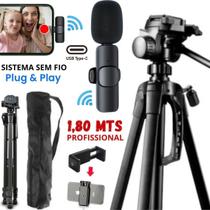 Kit Tripé 1,80m Microfone Sem Fio Tipo-C Celular Gravação Filmagem Vídeo Profissional - CJR