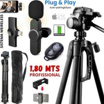 Kit Tripé 1,80m Profissional Microfone de Lapela Sem Fio iPhone Suporte Celular Gravação Vídeo Aula