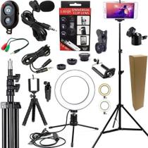 Kit Tripé 2 metros acessórios luz led microfone para celular gravação vídeos youtuber blog