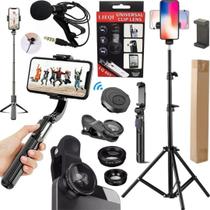 Kit Tripé 2m Bastão Controle Microfone + 3 Lentes Filmagem Celular Vlog Youtuber