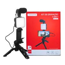 Kit Tripé Gravação 4 em 1 com Microfone LED Suporte Celular Universal