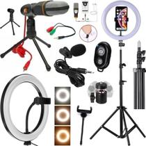Kit Tripé Luz Ring Light Microfone Acessórios Para Gravação Filmagem No Celular Blogueira Vídeo Aula - CJR