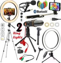 Kit Tripé Pedestal + 2 Aro de Luz Iluminador Ring Light Celular Lapela + Microfone Condensador Mesa Gravar Vídeo Makeup