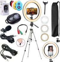 Kit Tripé Profissional Iluminador Led Ring Light Gravação Vídeo Vlog Live Celular + Microfone Lapela Controle Bluetooth