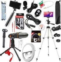 Kit Tripé Profissional Microfone Condensador Lapela Flash Clip Led Bastão Selfie Celular Universal Gravar Vídeo Youtuber
