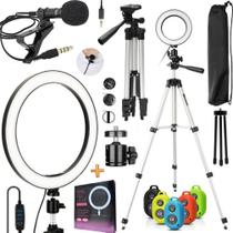 Kit Tripé Profissional Microfone de Lapela Celular Iluminador Ring Light Blogueira Controle Bluetooth Gravação de Vídeo