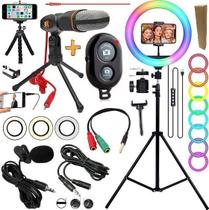 Kit Tripé Profissional Pedestal 2,10m + Iluminador Ring Light Rgb Anel Luz Suporte Celular Universal Microfone Mesa Hing