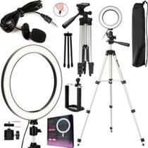 Kit Tripé Profissional Pedestal + Ring Light Led Iluminador + Microfone Lapela Celular Universal Youtuber