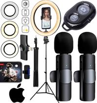 Kit Tripé Profissional Pedestal Universal Celular Microfone Duplo Sem Fio iPhone Gravação Vídeo Luz Ring Light Luminária