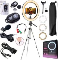 Kit Tripé Profissional + Ring Light Led Iluminador Microfone Lapela Com Extensor Para Gravação Vídeo Celular Universal
