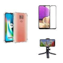 Kit Tripé Tripod 360 graus para Motorola Moto G9 Play + Capa + Pelicula De Vidro