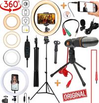 Kit Tripé Universal Suporte Celular Luz Iluminador Ring Light 26cm Portátil Microfone Condensador Mesa Video Maquiagem