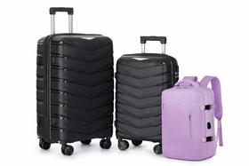 Kit Triplo Mala de Viagem Rigida 23kg + 10Kg Preta e Mochila de Bordo Expansivel Roxa