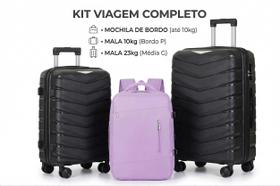 Kit Triplo Mala de Viagem Rigida 23kg + 10Kg Preta e Mochila de Bordo Expansivel Roxa