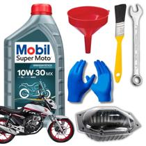 Kit Troca de Óleo Mobil Original Completo Honda CG 160 Titan Fan Start 2016 a 2025Com Chave Combinada 12MM Funil Luvas Pincel Bandeja Coletora