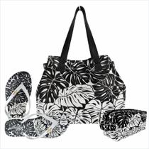 Kit Tropical Feminino Branco e Preto com Bolsa, Necessaire e Chinelo, Magicc