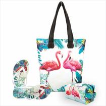 Kit Tropical Feminino Flamingos com Bolsa, Necessaire e Chinelo, Magicc