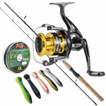 Kit Tucunaré Molinete Marine Elite Gold 3000 + Vara Pro Staff Linha Multi e 5 Iscas Loach 4''