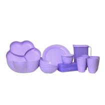 Kit Tupperware Floresta Lilás com 4 Pratos, 4 Cumbucas, Dispenser, Porta Estojo, Jarra e 4 Copos