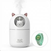 Kit Umidificador Gatinho 300ml Ultrassônico USB LED Aromatizador Difusor de Ar Silencioso Quarto Bebê Pulseira Repelente Infantil Silicone Brinde