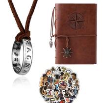 Kit Uncharted 4: 20 Adesivos, Colar com Pingente, Caderno de Couro PU Vintage A7 (Marrom)