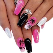 Kit Unhas Postiças com 24 e Cola Unhas Decoradas Realista Longa Rosa e Preto