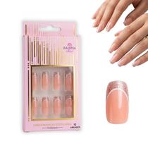 Kit Unhas Postiças Francesinha Decoradas 12 Peças Fácil Aplicação Formato Quadrado Plastico Resistente