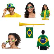 Kit Unissex Torcida Brasil Copa Do Mundo Completo Com Bandeira Vestir Chapéu Óculos Cachecol Vuvuzela Tinta Facial Kit Unissex Torcida Brasil Copa Do Mundo Completo Com Bandeira Vestir Chapéu Óculos Cachecol Vuvuzela Tinta Facial