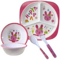 Kit Untensílios de Bebe Prato C/ Divisória Tigela Talher Infantil Coelho Rosa Kit Untensílios de Bebe Prato C/ Divisória Tigela Talher Infantil Coelho Rosa