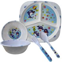 Kit Untensílios de Bebe Prato C/ Divisória Tigela Talher Infantil Golfinho Kit Untensílios de Bebe Prato C/ Divisória Tigela Talher Infantil Golfinho