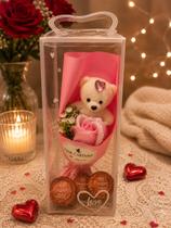 Kit Ursinho Pelúcia Te Amo + Rosa Eterna + 3 Trufas Chocolate Presente