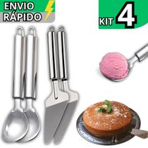 Kit Utensílio 2 Colher de Sorvete Açai e 2 Espátula Bolo Sorvete Em Inox Linha Premium Cozinha
