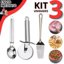 Kit Utensílio Cozinha 100 Inox Cortador De Pizza Espatula Para Bolo Colher De Sorvete Açai Pizzaria Lanchonete