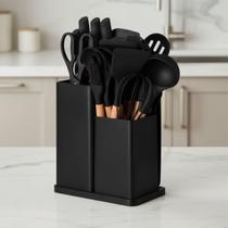 Kit Utensilio de Cozinha Silicone Antiaderente 19 peças Cabo de Bambu Facas Afiadas Aço Inoxidável