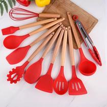 Kit Utensílios 12 Peças Colheres Conchas Pegadores De Silicone Cabo De Madeira Utensílio Cozinha Decoração Luxo