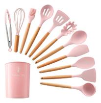 Kit Utensilios 12 Peças Silicone Cabo De Madeira Rosa