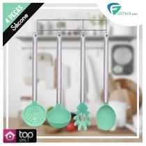 Kit Utensílios 4 Peças Verde De Silicone Cabo Aço Inox