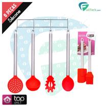 Kit Utensílios 6 Peças De Silicone Cabo Aço Inox Vermelha
