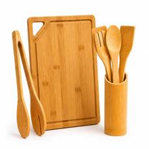 Kit Utensilios Bambu 7 peças, Tabua de corte, Colheres e Espatulas com suporte e Pegador de alimento Kit Utensilios Bambu 7 peças, Tabua de corte, Colheres e Espatulas com suporte e Pegador de alimento