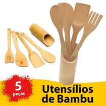 Kit Utensílios Bambu Espátulas Colher Pau Madeira 5 Peças Cozinha Natural Gourmet Culinário
