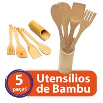 Kit Utensílios Bambu Espátulas Colher Pau Madeira 5 Peças Cozinha Natural Gourmet Culinário - Total Shop Mix